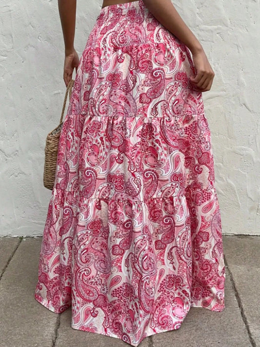 Boho paisley print tiered maxi skirt by Marigold Collections Australia, featuring flowing fabric and bohemian style.