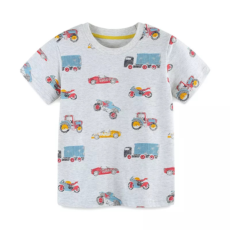Children's boys' vehicle print T-shirt and shorts set by Marigold Kids, featuring colorful automotive designs and casual summer style.