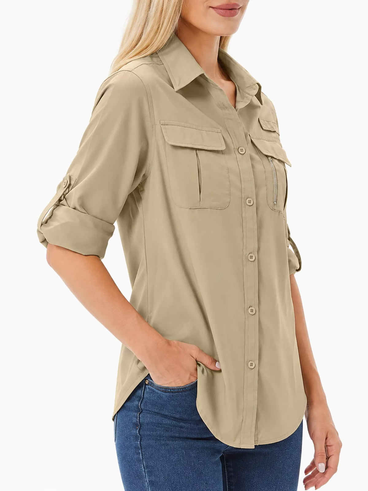 Marigold Collections Australia safari shirt with button-down front and roll-up sleeves, lightweight and casual for outdoor wear.