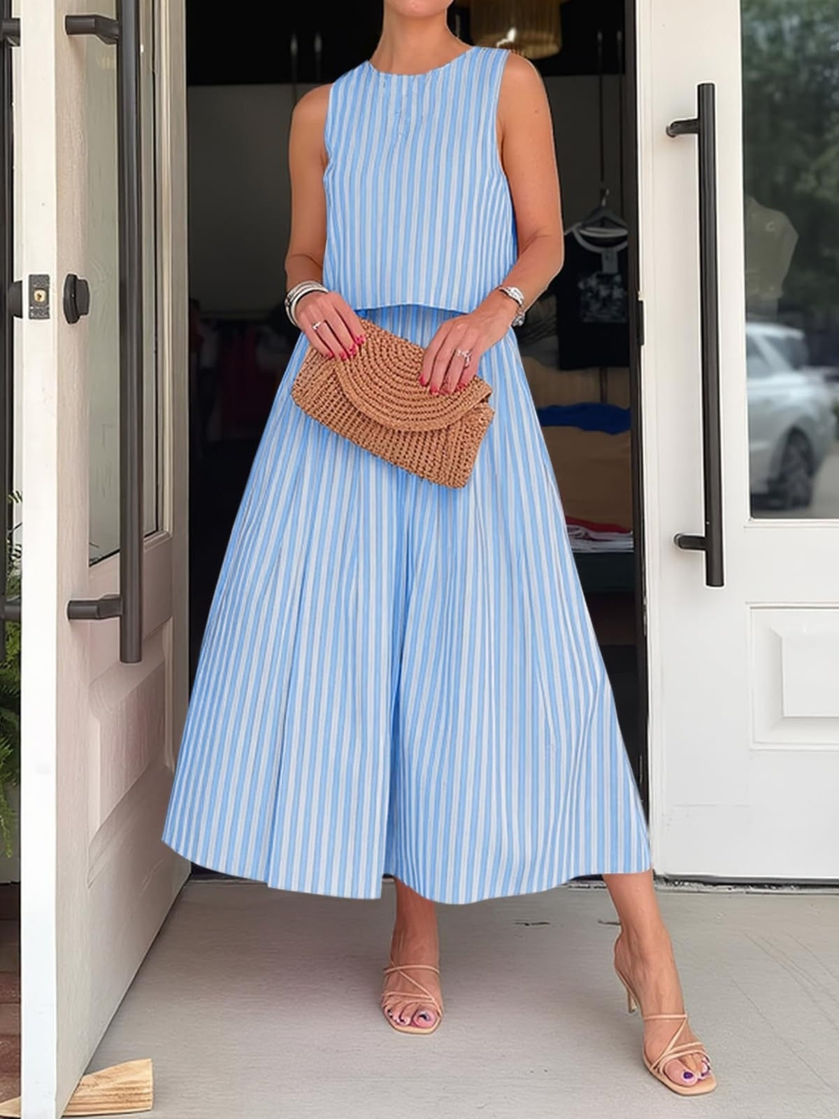 Striped sleeveless top and midi skirt set by Marigold Collections Australia, stylish summer outfit with vibrant pattern.