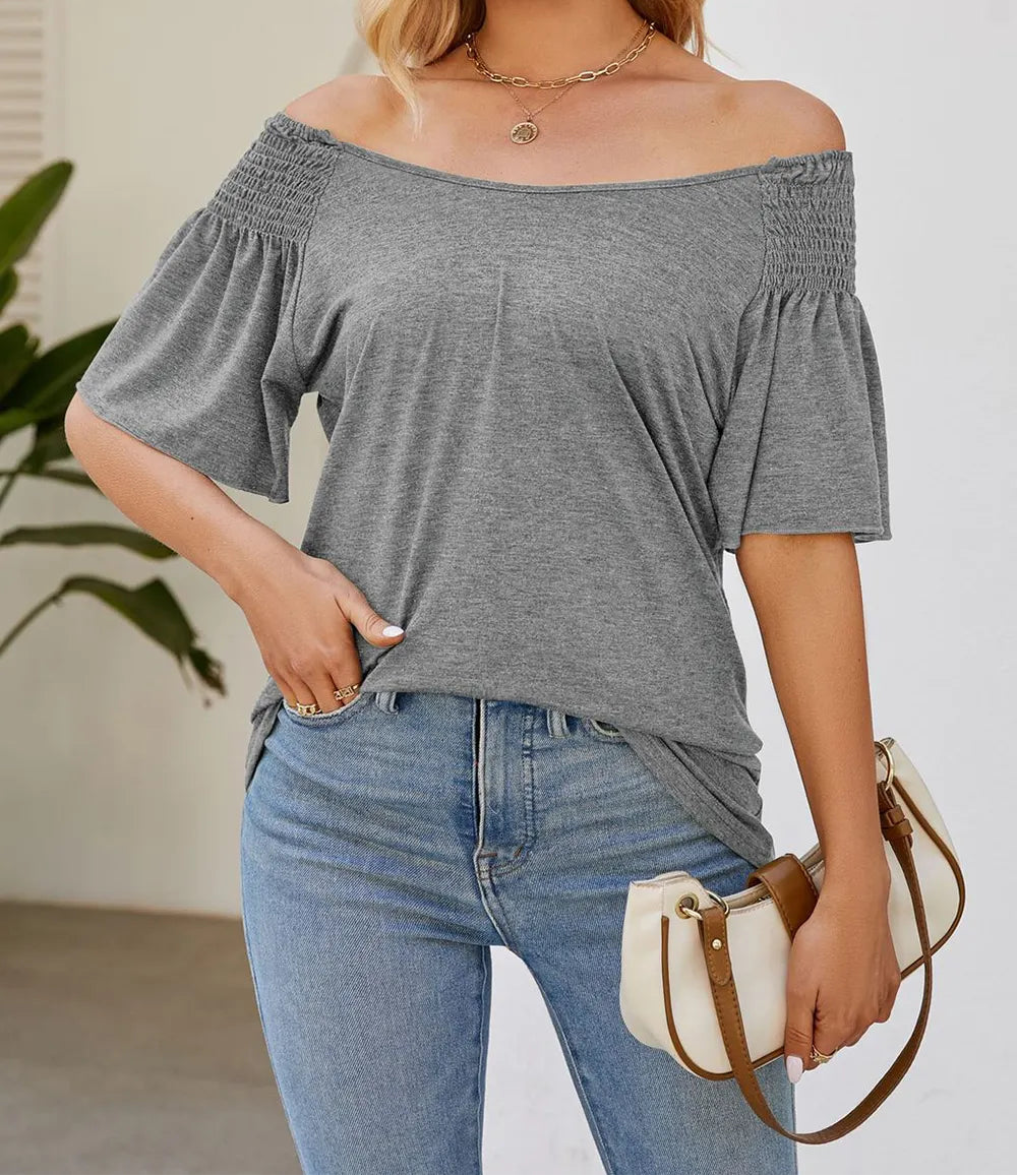 Marigold Collections Australia smocked shoulder flutter sleeve top, stylish blouse with feminine design and lightweight fabric.