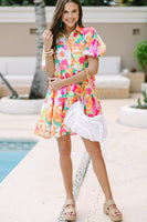 Pink Floral Puff Sleeve Collar Buttoned Babydoll Dress