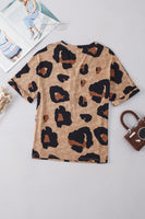 Light French Beige Leopard Folded Short Sleeve Buttoned V Neck T Shirt