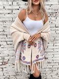 Fringe Geometric Open Front Long Sleeve Cape