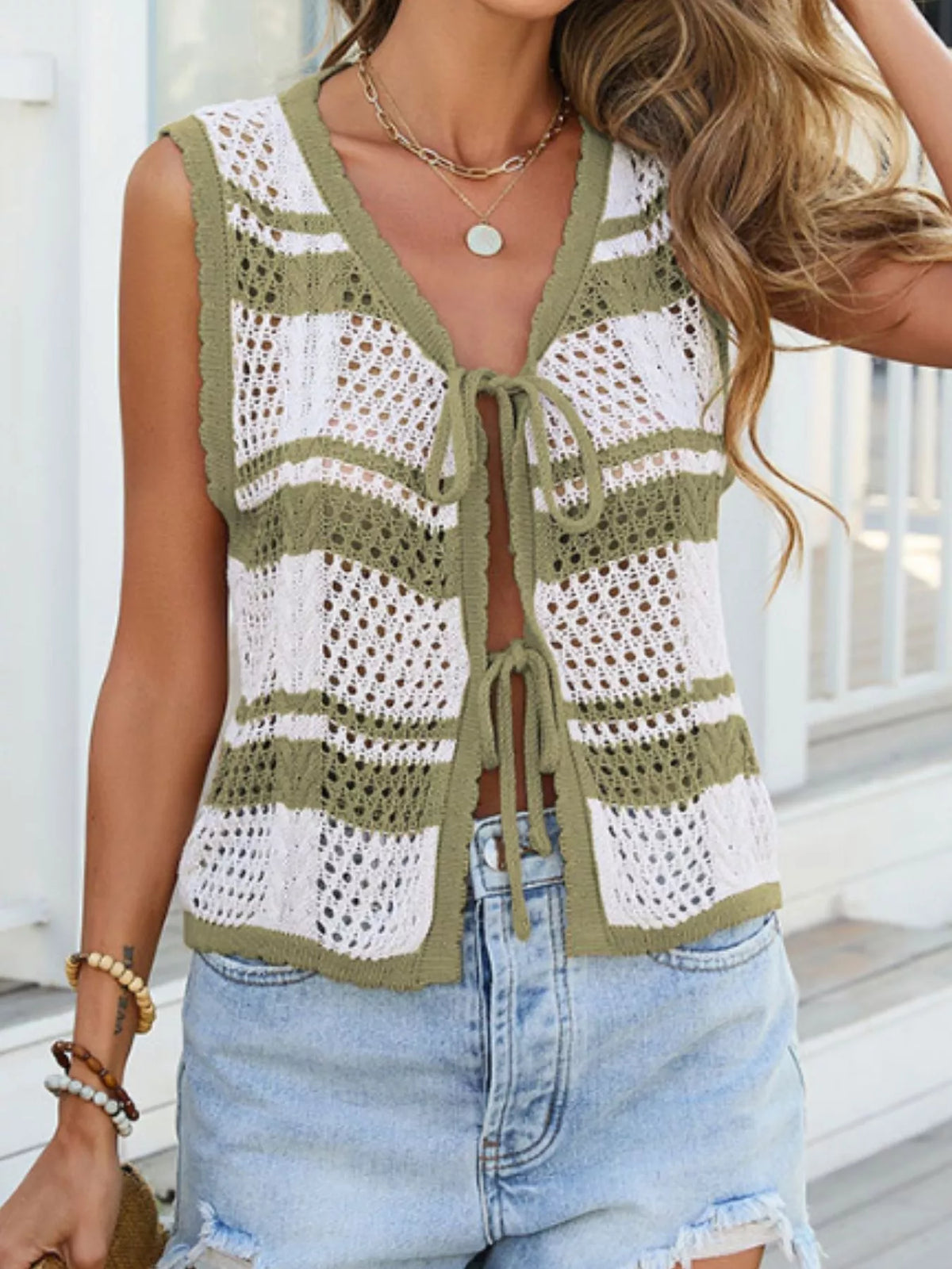 Marigold Collections Australia striped crochet-style tie-front cardigan vest with open front and textured knit pattern