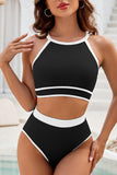 Black Contrast Trim Crisscross Back High Waisted Bikini