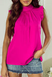 Bright Pink Pleated Mock Neck Frilled Trim Sleeveless Top