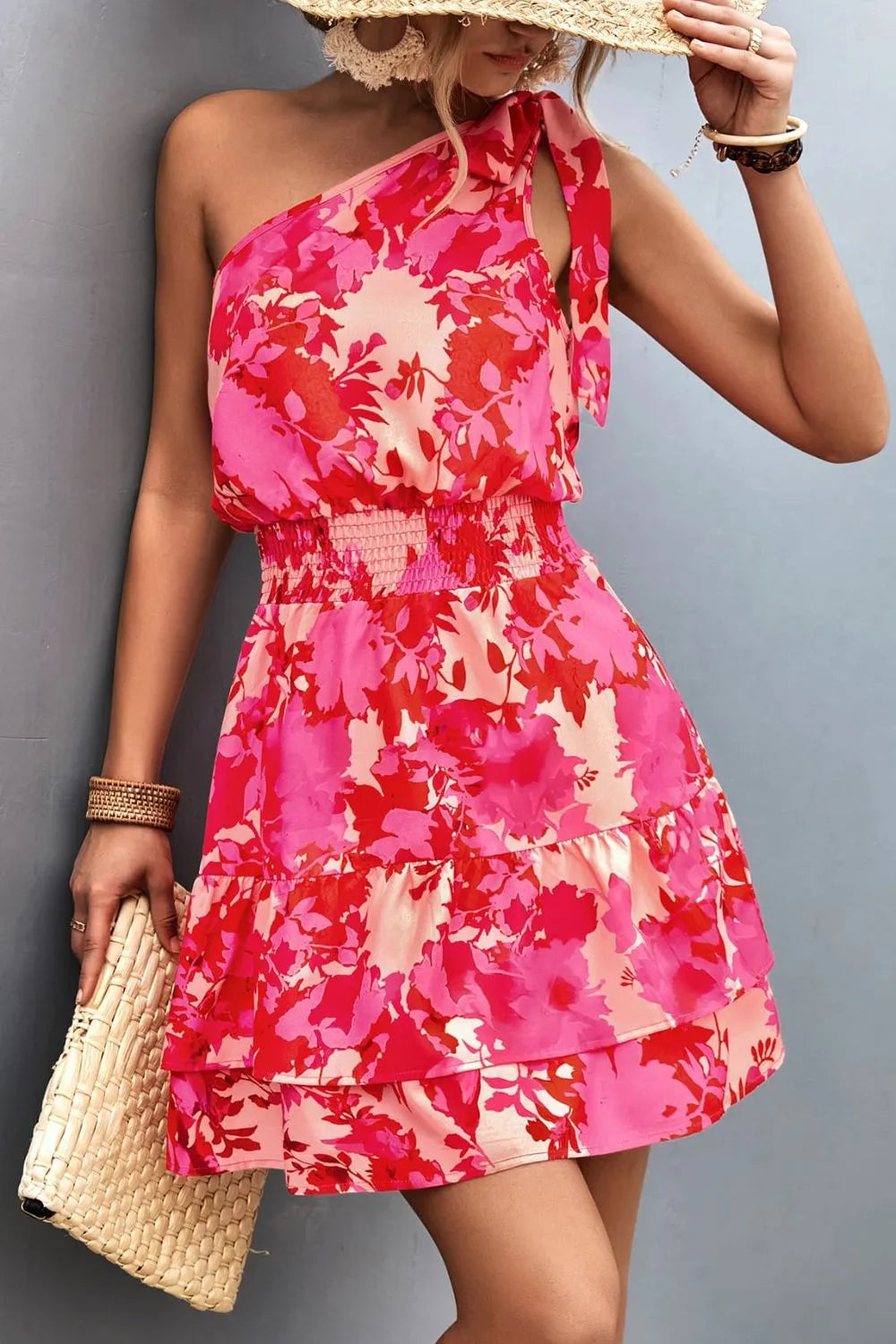 Floral print one-shoulder layered mini dress by Marigold Collections Australia, featuring a vibrant floral pattern and stylish design.