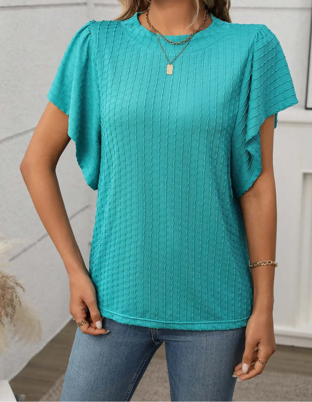 Marigold Collections Australia round neck flutter sleeve top, stylish blouse with soft fabric and feminine flutter sleeves.