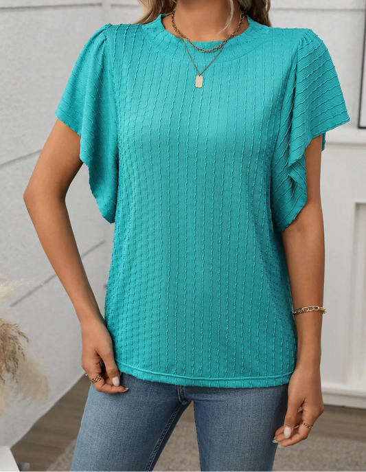 Marigold Collections Australia round neck flutter sleeve top, stylish blouse with soft fabric and feminine flutter sleeves.