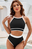 Black Contrast Trim Crisscross Back High Waisted Bikini