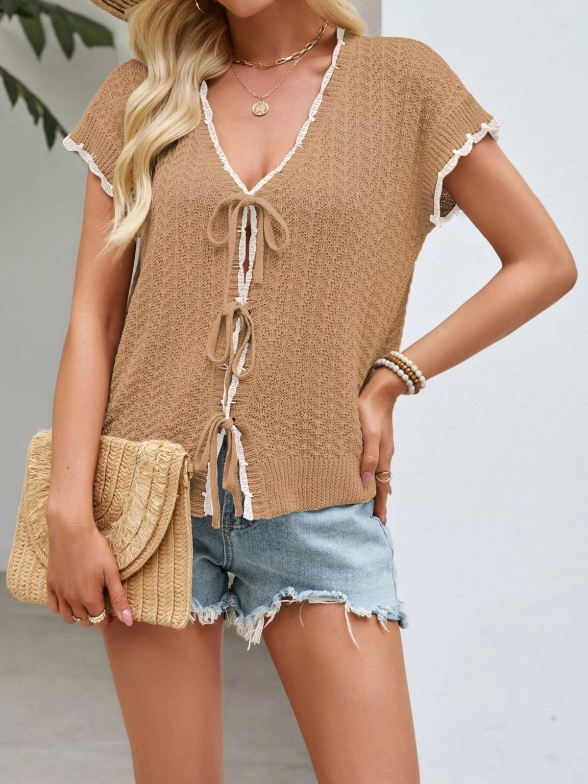 Marigold Collections Australia tie-front knit short sleeve cardigan in soft neutral color