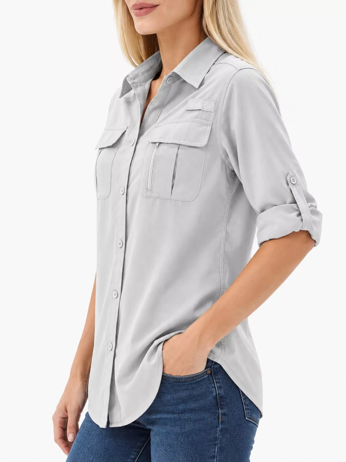 Marigold Collections Australia safari style button-down shirt with roll-up sleeves, lightweight cotton blouse, casual summer top