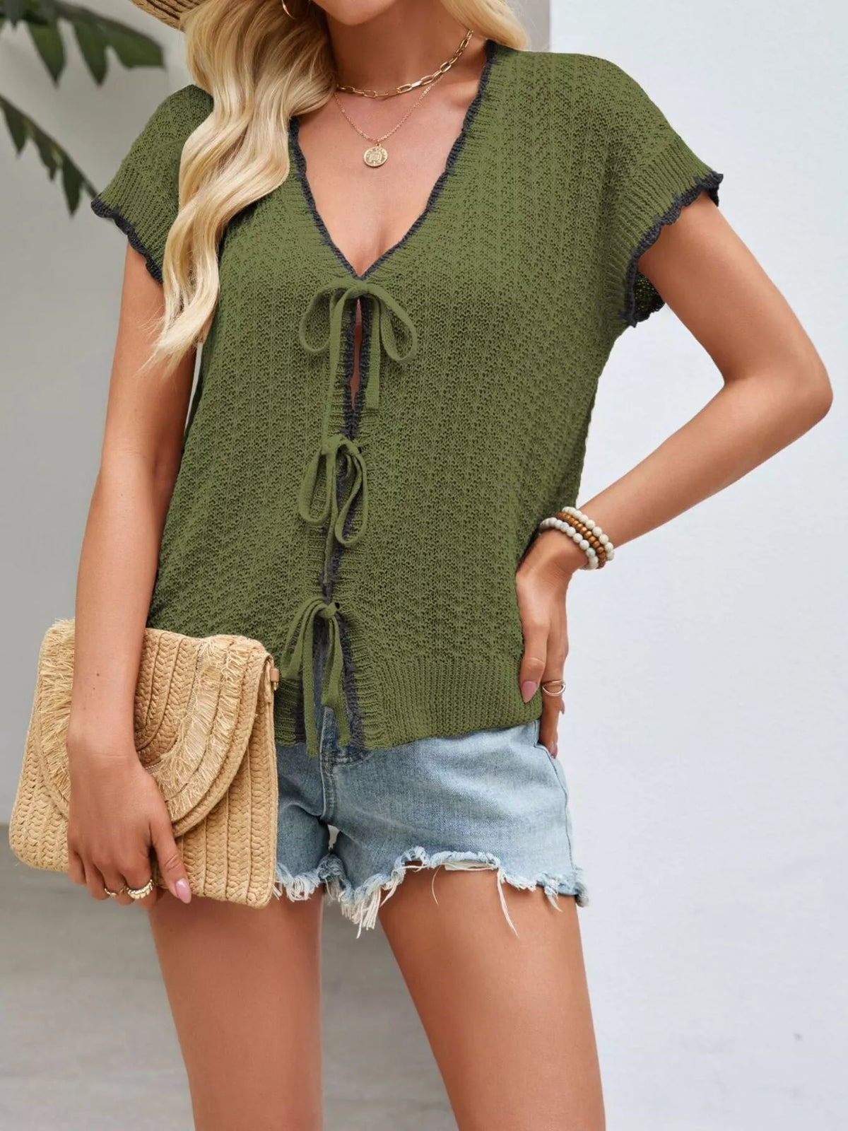Marigold Collections Australia tie-front knit short sleeve cardigan in a lightweight textured design
