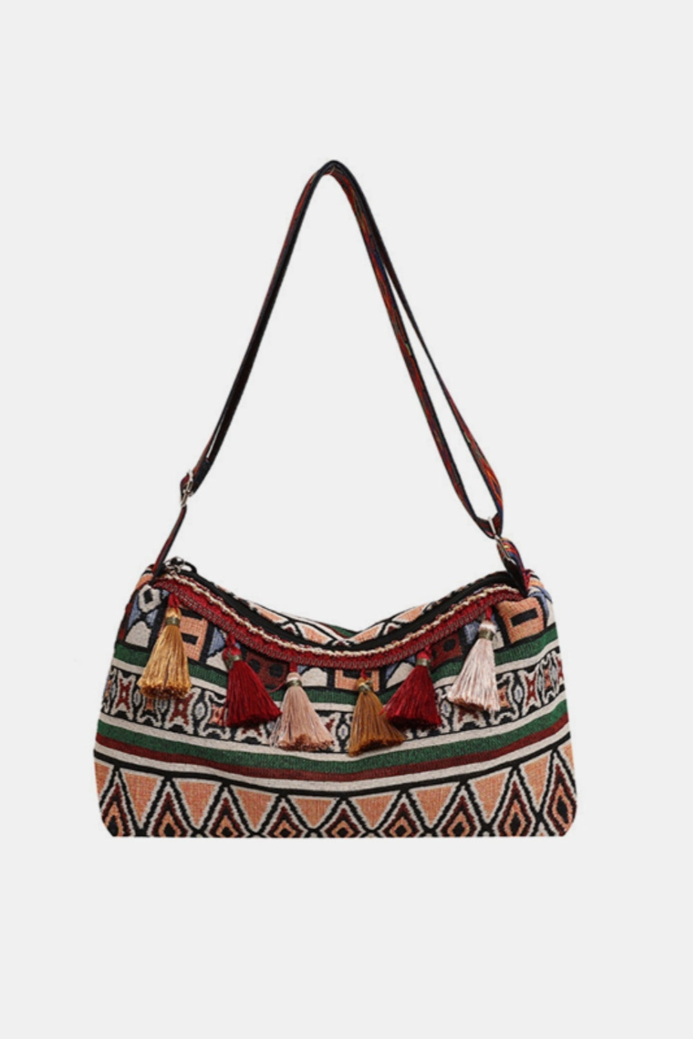 Geometric-Design Tassel Adjustable-Strap Shoulder Bag