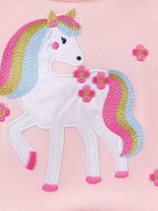 Pink flower unicorn applique girls dress by Marigold Kids with colorful unicorn and floral details.
