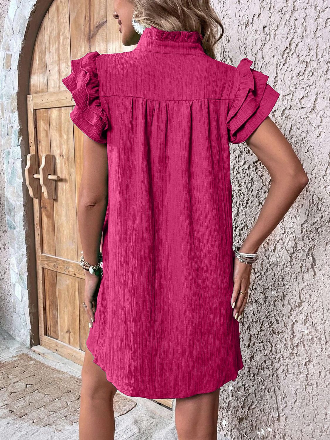 Notched Neckline Mini Dress with Ruffled Cap Sleeves