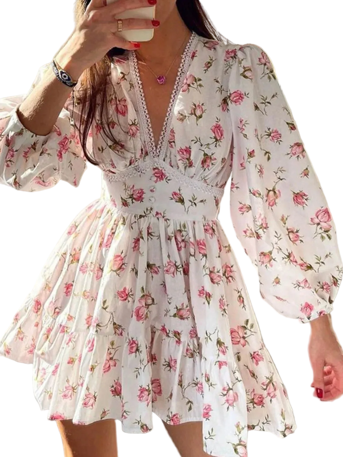 Floral Print Deep V-Neck Balloon Sleeve Mini Dress