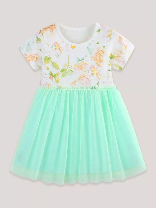 Girls' floral green tulle dress by Marigold Kids, featuring a delicate floral pattern and soft tulle fabric for children's special occasions.