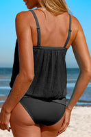 Black Striped Mesh Knotted Hem Tankini Swimsuit