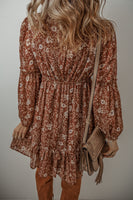 Brown Boho Floral Ruffled Puff Sleeve V Neck Mini Dress