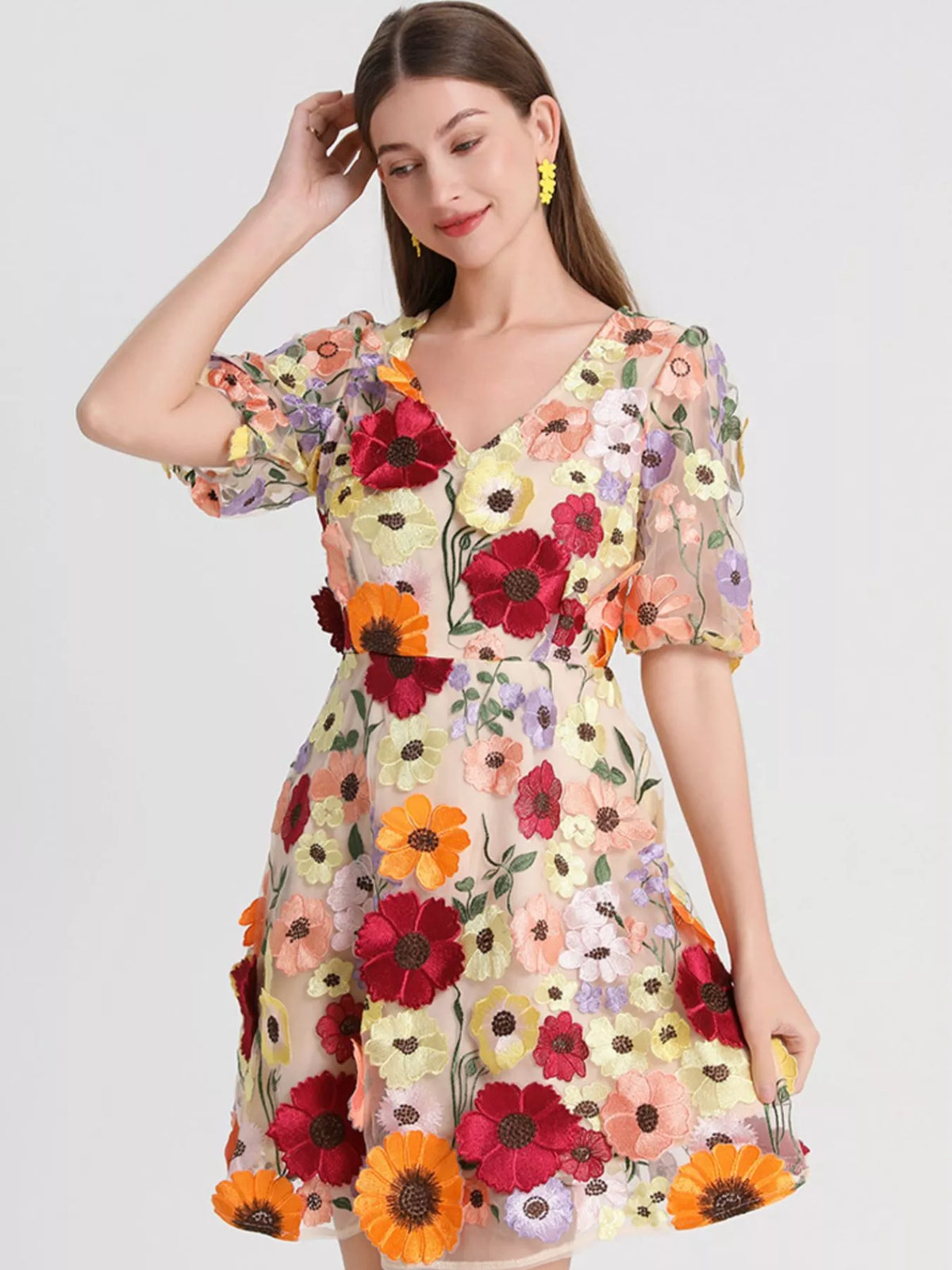 3D Floral Applique Embroidered Short Sleeve Dress