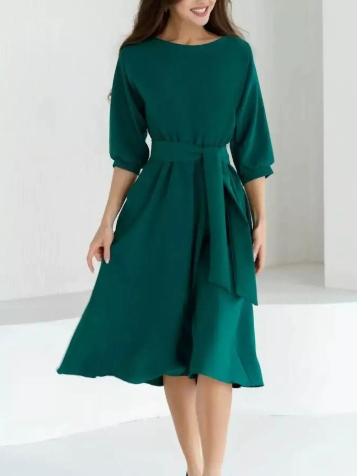 3/4 Sleeve Belted Midi Dress Green