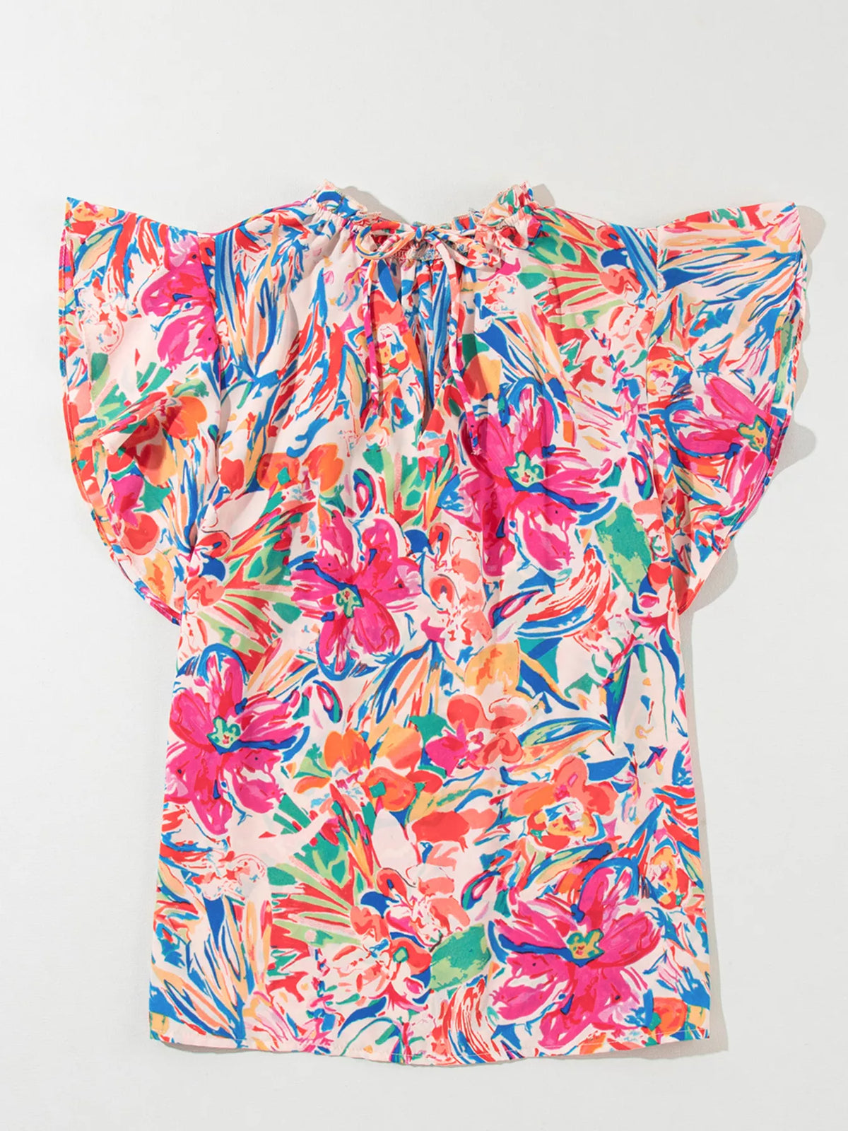 Multicolour floral ruffled sleeve V-neck summer blouse by Marigold Collections Australia, featuring vibrant floral print and ruffled details.
