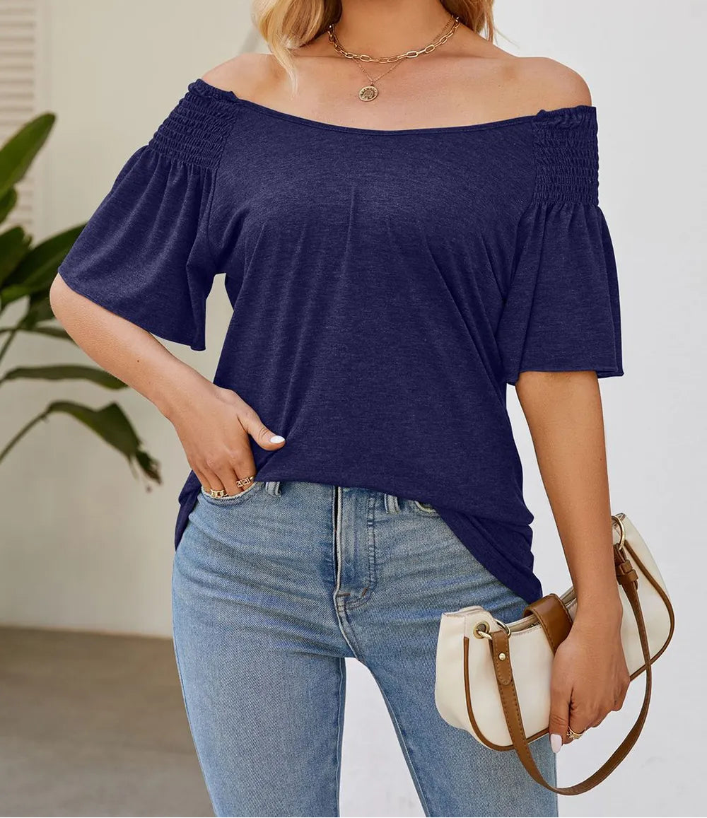 Marigold Collections Australia smocked shoulder flutter sleeve top, stylish blouse with feminine ruffle details and relaxed fit.