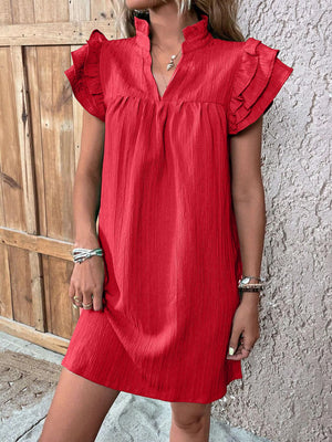 Notched Neckline Mini Dress with Ruffled Cap Sleeves