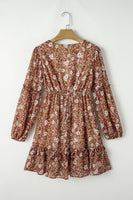 Brown Boho Floral Ruffled Puff Sleeve V Neck Mini Dress