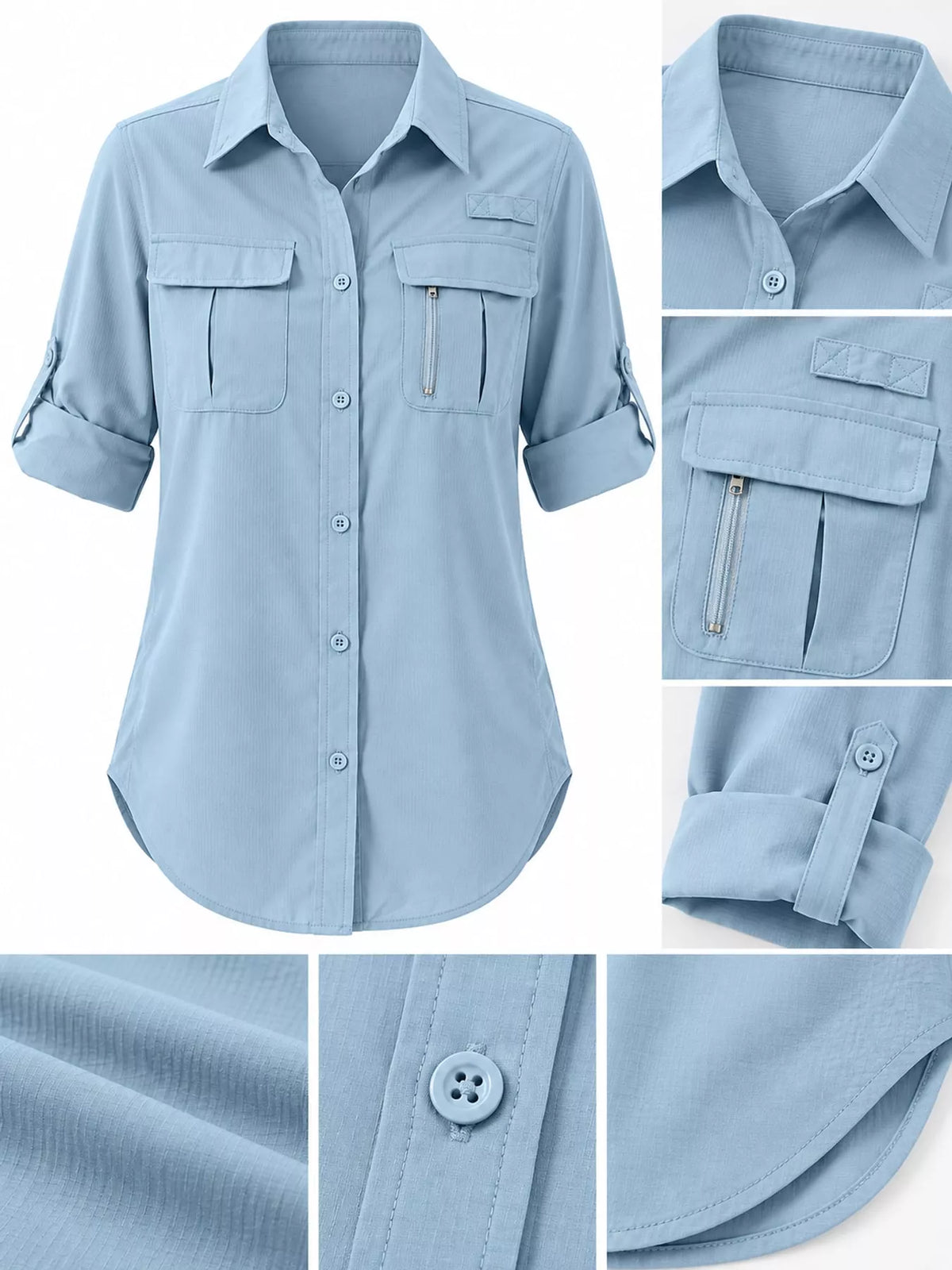 Marigold Collections Australia button-down safari shirt with roll-up sleeves, lightweight blouse, outdoor casual top.