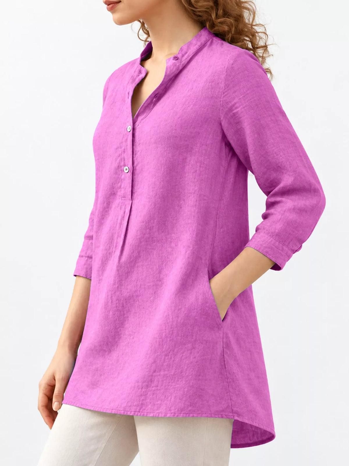 Marigold Collections Australia half button pocketed 3/4 sleeve blouse, stylish tops with front pockets and relaxed fit.