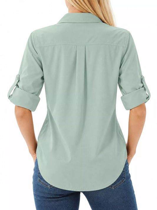 Marigold Collections Australia safari shirt with button-down front and roll-up sleeves, lightweight and casual for outdoor wear.