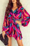 Fiery Red Abstract Printed Belted Puff Sleeve Mini Dress