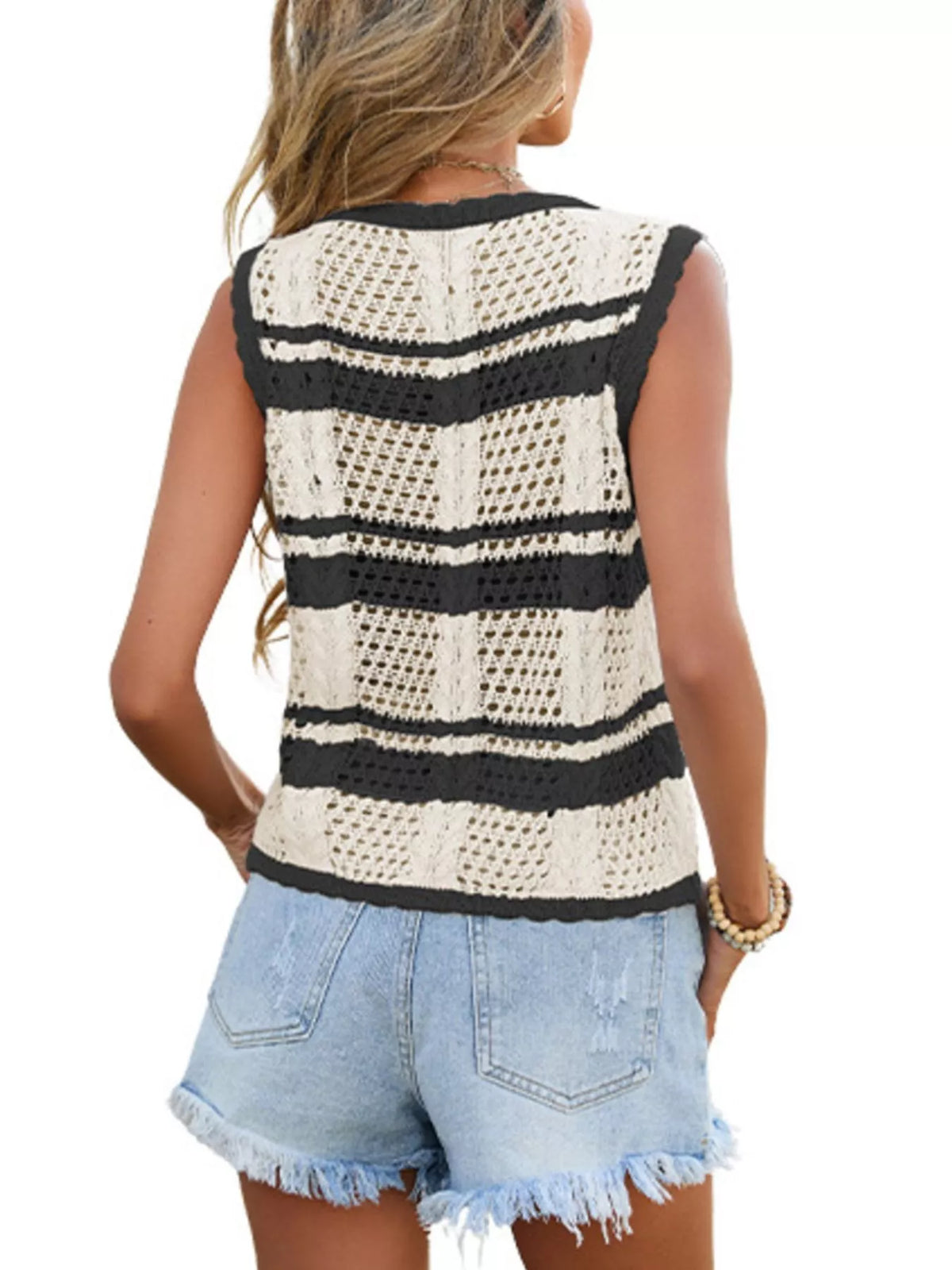 Marigold Collections Australia striped crochet tie-front cardigan vest sweater in textured knit design