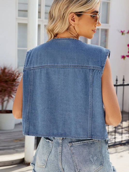 Marigold Collections Australia sleeveless denim vest with button-up front and pocket details, casual and stylish denim jacket.