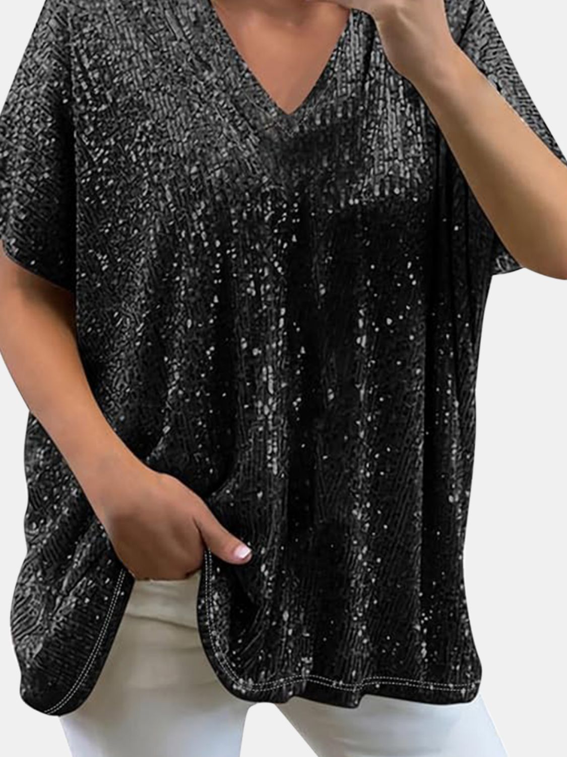 Full Size Sequin V-Neck Short Sleeve Top - MARIGOLD 
