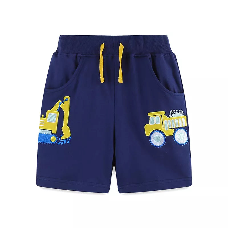 Children's vehicle print T-shirt and shorts set by Marigold Kids, featuring playful car and truck designs for boys.