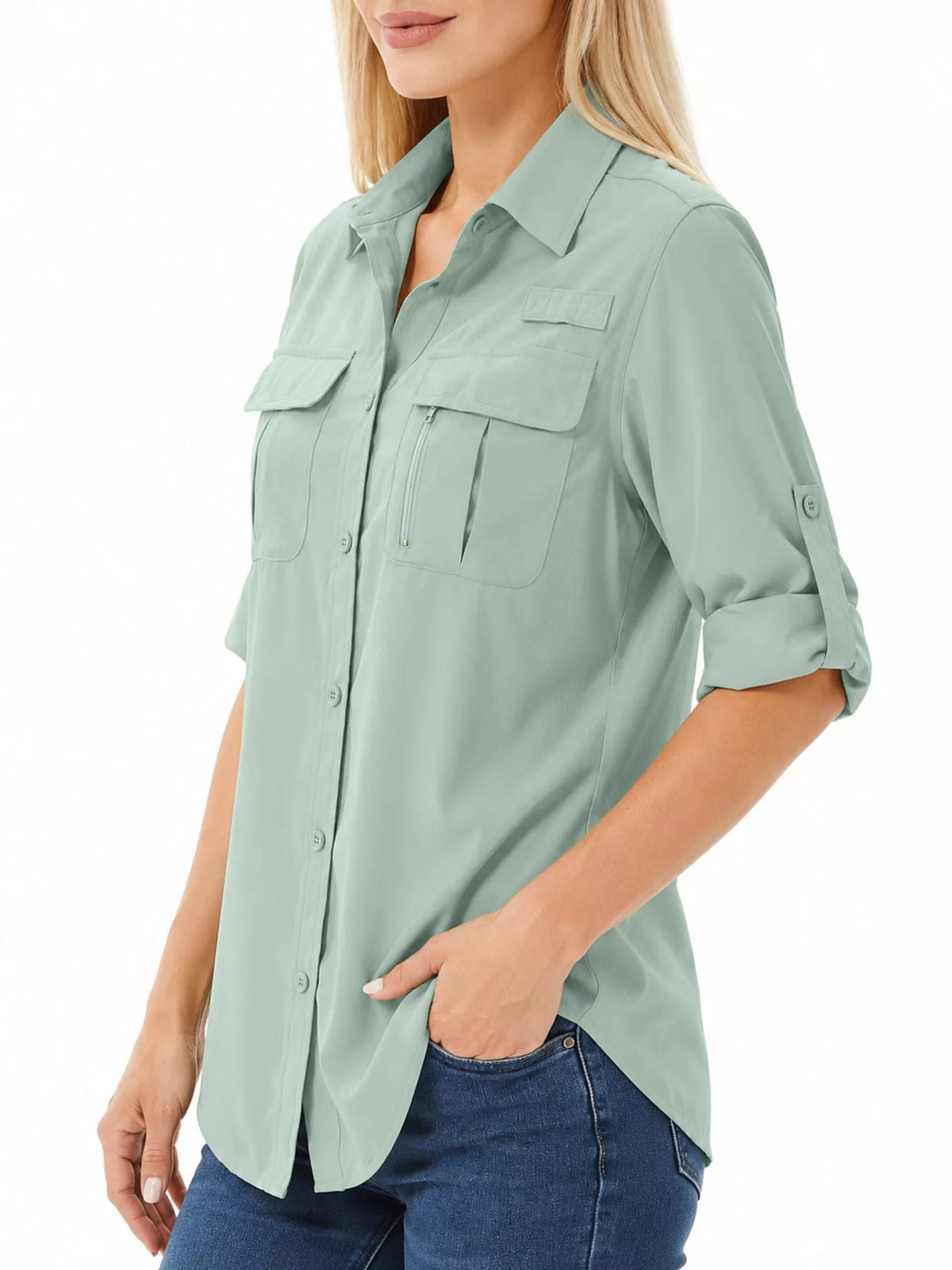 Marigold Collections Australia safari shirt with button-down front and roll-up sleeves, casual tops, and blouses.