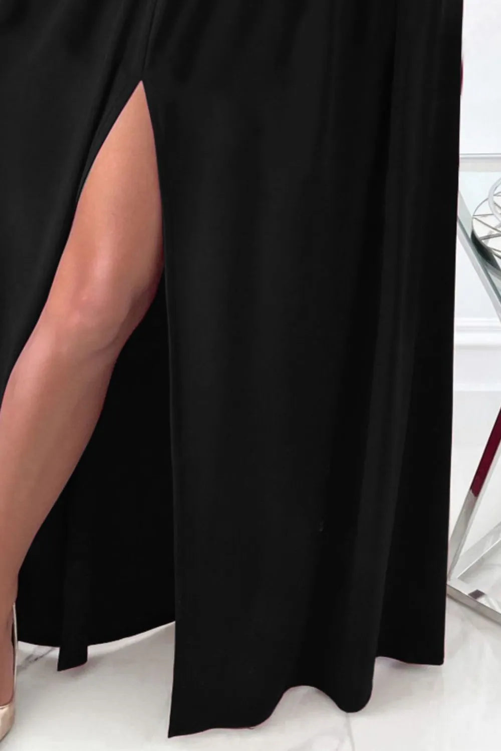 Marigold Collections Australia surplice cold shoulder maxi dress with long sleeves and hem slit, elegant evening dress style.