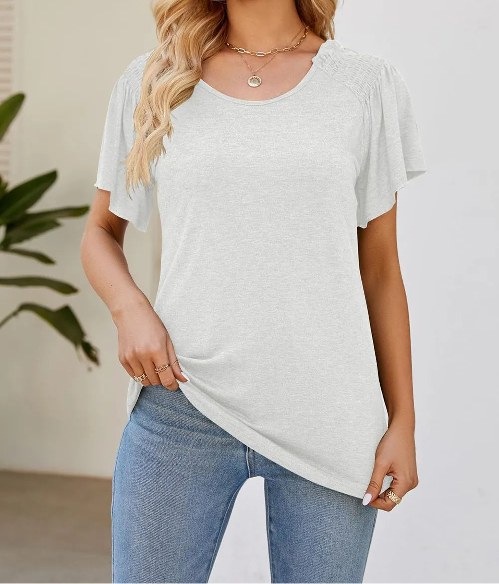 Marigold Collections Australia smocked shoulder flutter sleeve top, stylish blouse with feminine design and lightweight fabric.