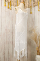 White Crisscross Knot Back Hollow Out Tasseled Beach Dress