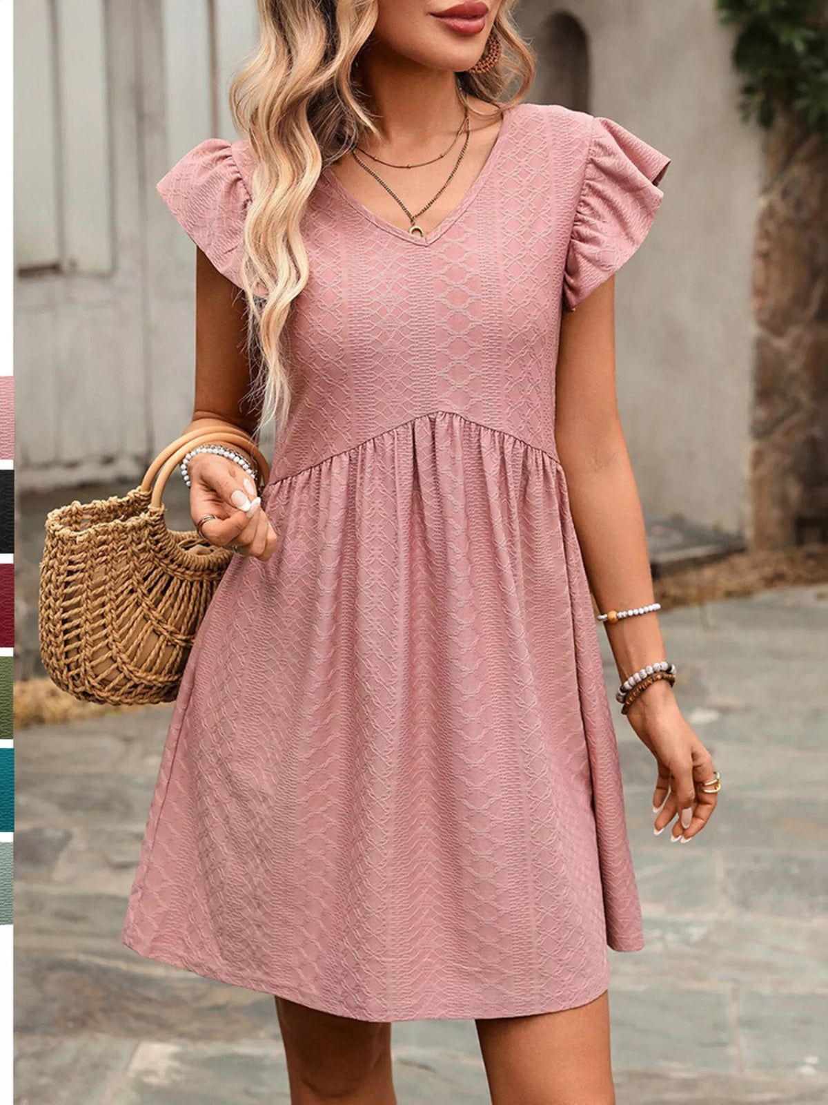 Marigold Collections Australia ruffle sleeve v-neck A-line mini dress, stylish and elegant for casual or semi-formal occasions.