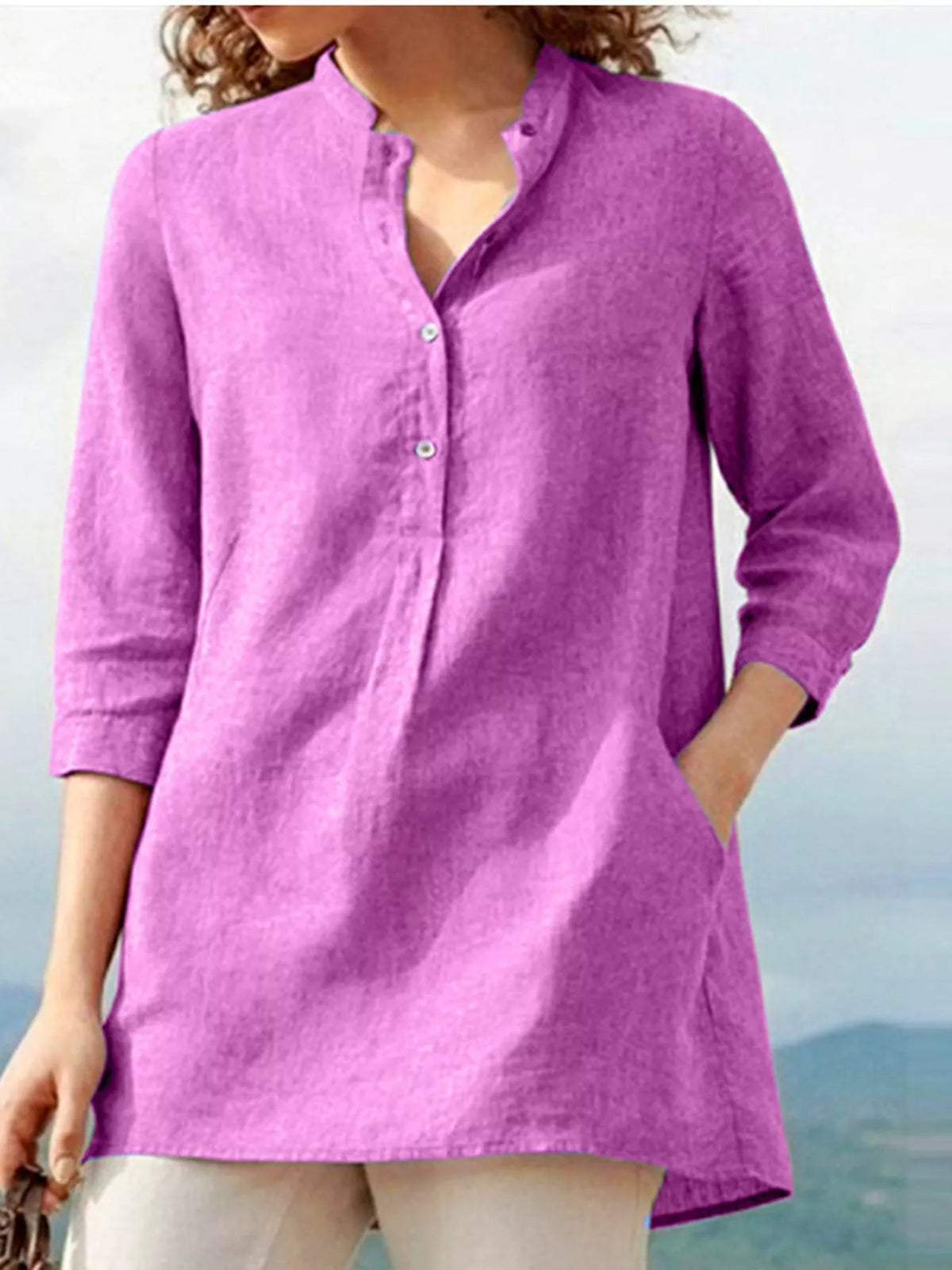 Marigold Collections Australia half button pocketed 3/4 sleeve blouse with chest pockets and relaxed fit, in a stylish casual design.