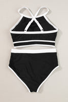 Black Contrast Trim Crisscross Back High Waisted Bikini