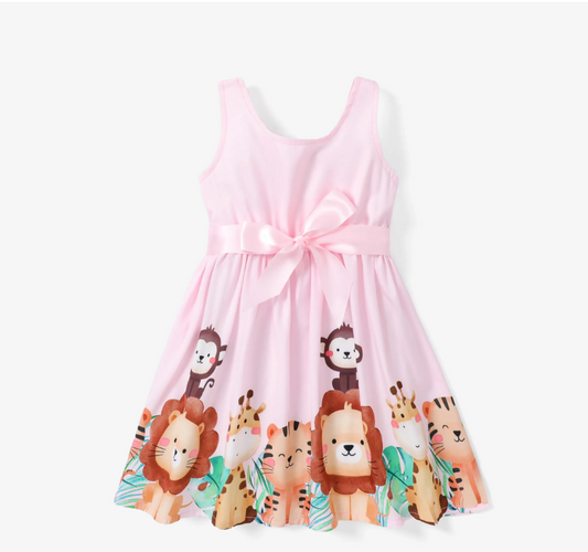 Whimsical Jungle Animal Print Pink Belted Girls Dress