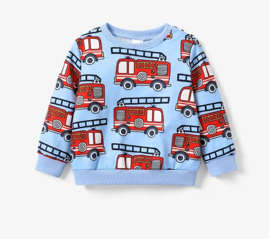 New Boys' Top - Blue Long Sleeve with Red Fire Engine Print