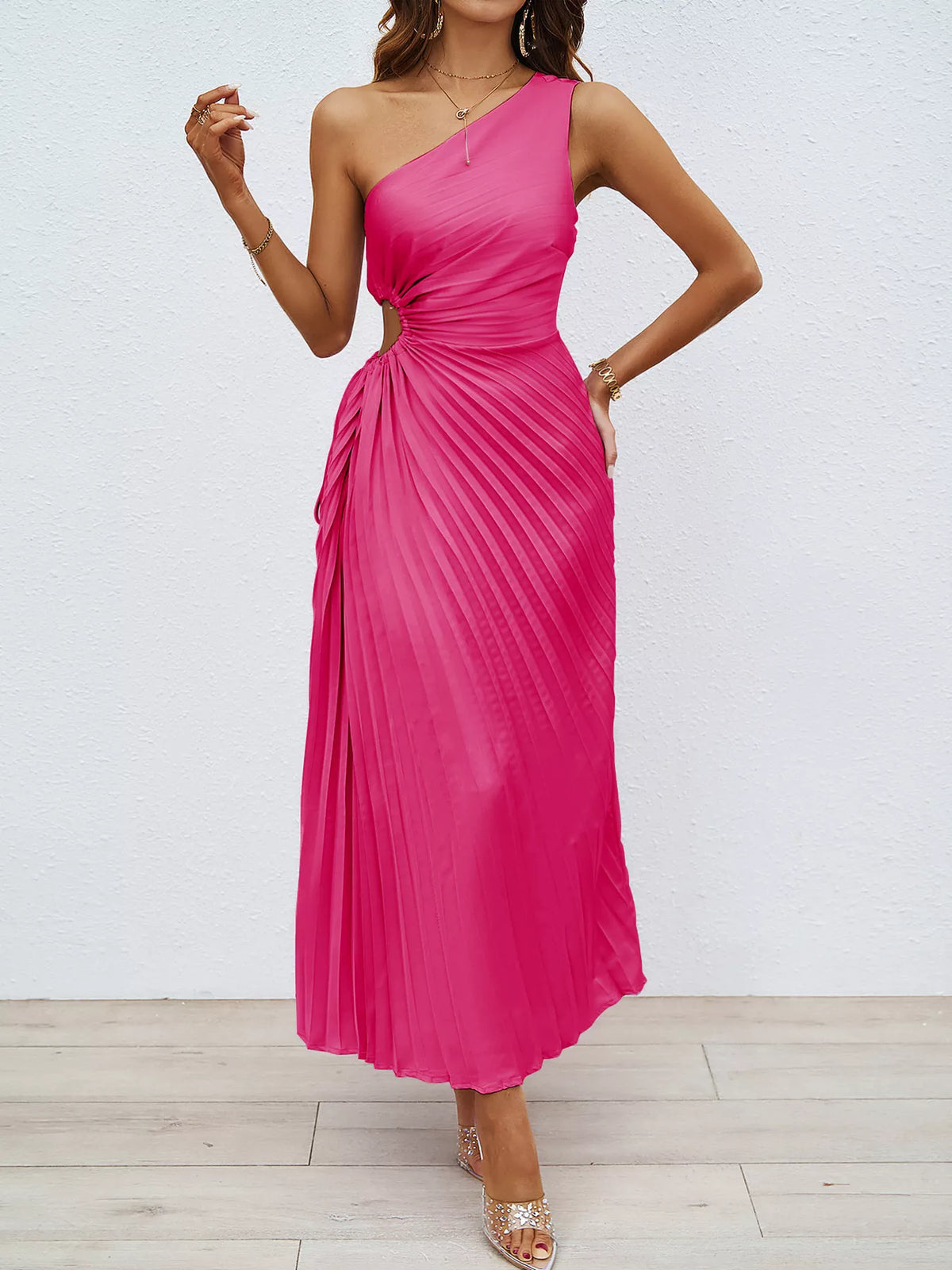 Marigold Collections Australia one-shoulder cutout pleated midi dress with elegant design and flowing fabric for formal occasions.