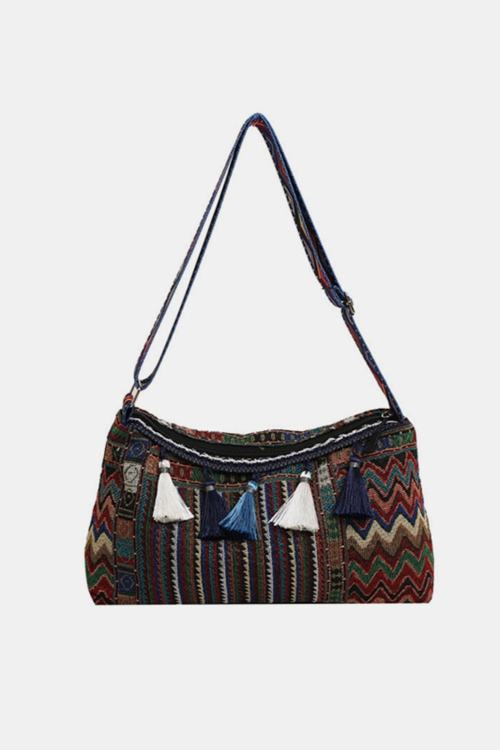 Geometric-Design Tassel Adjustable-Strap Shoulder Bag